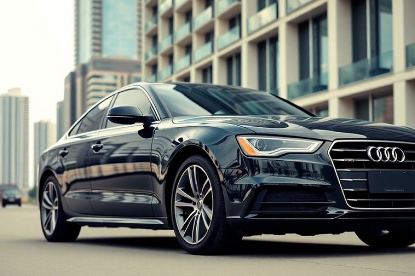 Luxury Audi car in an upscale urban setting.