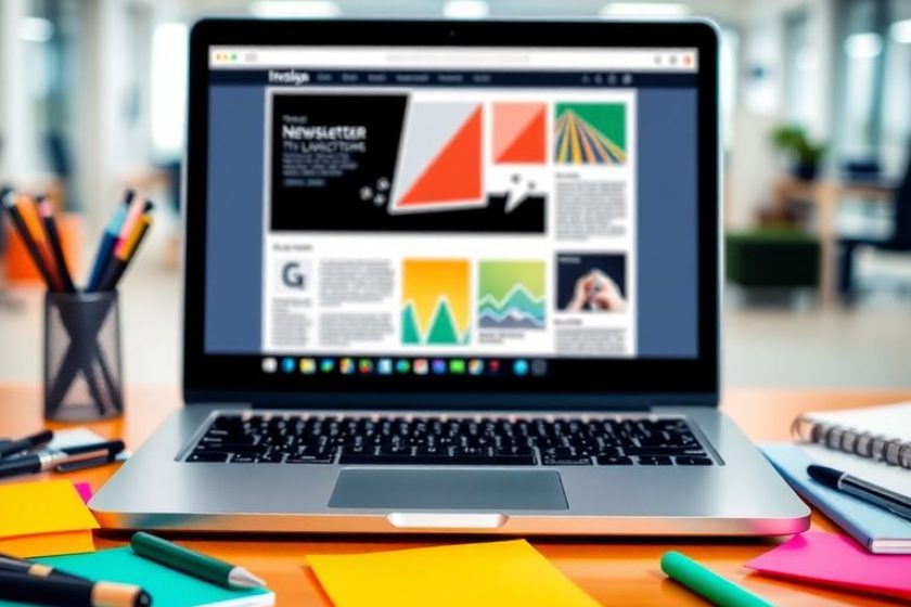Laptop and creative tools for designing newsletters quickly.